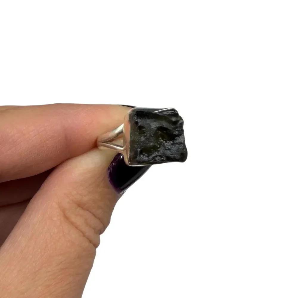 Moldavite Ring Size 8 Solid 925 Sterling Silver Raw Rough Natural Stone Crystal